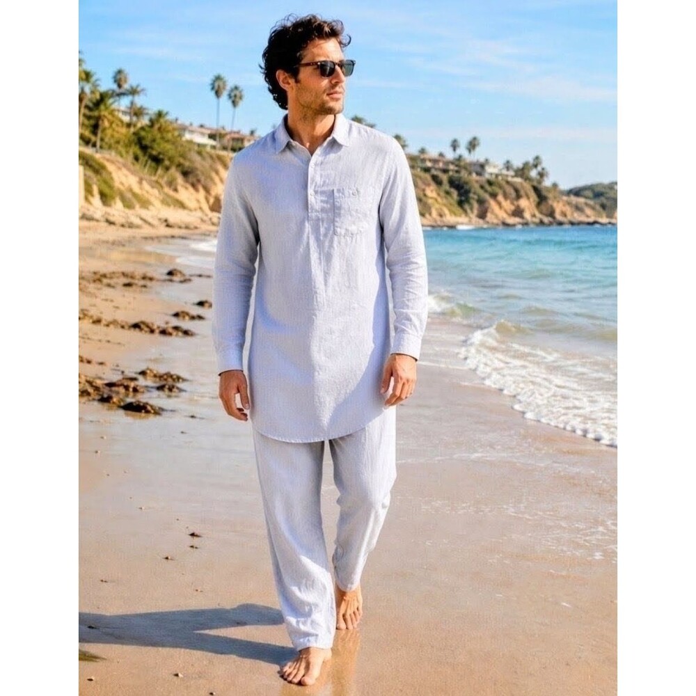 Punjabi Kurta 2-Pc L/S Button Neck Shirt & Drawstring Pants Men's Small Set EUC